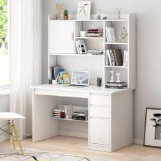 Imagem de Mesa de madeira para computador com estante e cabana, grande mesa de escritório doméstico com gaveta e prateleira de armazenamento, mesa moderna para laptop PC, mesa de trabalho com economia de espaço