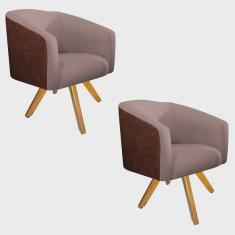 Imagem de Kit 02 Poltronas Luiza Base Giratória de Madeira Corano Nozes e Linho Rosê - Doce Sonho Móveis