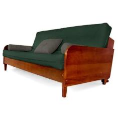 Imagem de Sofá Cama Paris Sarja Verde Militar Madeira Nobre Cor Imbuia - R9 Desi