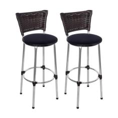 Imagem de Kit 2 Banquetas Altas Cromada com Encosto Junco Argila Assento Preto