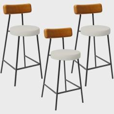 Imagem de Kit 03 Banquetas Baixa Cozinha Sala Jantar Milão L02 Couríssimo Whisky Linho Champagne - Lyam Decor