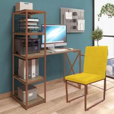 Imagem de Kit Escritório Mesa Max BeX 5 Prateleiras e Cadeira Stan Bronze Tampo Castanho Corino Amarelo - Ahz Móveis