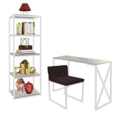 Imagem de Kit Escritório Bex 1 Cadeira Suede Marrom com 1 Mesa e 1 Livreiro Ferro Branco MDF Marmorizado Cinza - Ahazzo Móveis