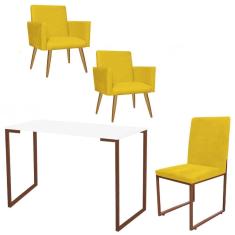 Imagem de Kit Escritório Stan 2 Poltronas com Cadeira e Mesa Industrial Tampo Branco Bronze Tecido Sintético Amarelo - Ahz Móveis