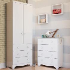 Imagem de Quarto de Bebê Completo Cômoda Júnior Simples 4 Gavetas Guarda Roupa Júnior 2 Portas 3 Gavetas Branco Carvalho 100% MDF Móveis Peroba