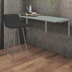 Imagem de Kit Mesa Suspensa de Parede Fixa mdf Verde Oliva + 1 Banqueta Lexi Ferro Prata Suede Preto - Ahazzo Móveis