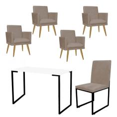 Imagem de Kit Escritório Stan 4 Poltronas Rodapé com Cadeira e Mesa Industrial Branco Preto Suede Bege - Ahz Móveis