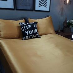 Imagem de Lençol Com Elástico Casal Queen 4 Un Cetim Dourado Almofada