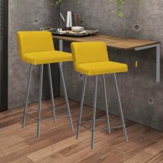 Imagem de Kit Mesa Suspensa de Parede Fixa MDF Carvalho + 2 Banquetas Lexi Ferro Prata Sintético Amarelo - Ahazzo Móveis