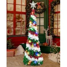 Imagem de obbsie Árvore de Natal pop-up de 1,5 m com 60 LEDs, árvore de Natal dobrável de lantejoulas com temporizador, lápis fino de um minuto, árvore de Natal para casa, apartamento, decoração de inverno