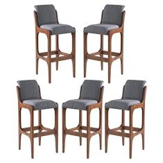 Imagem de Kit 5 Banquetas Alta Irlanda 45 x 101 Cm Madeira Maciça Imbuia Linho Cinza L55 - RMI