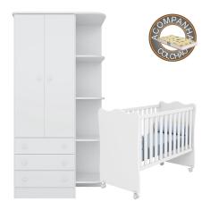 Imagem de Quarto de Bebê Doce Sonho Roupeiro 825 + Berço 1 Qmovi Branco com Colchão Gazin