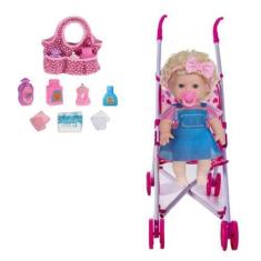 Imagem de Boneca Bebê Cabelo Crespo Loiro Danadinha + Carrinho e Bolsa - Milk Br