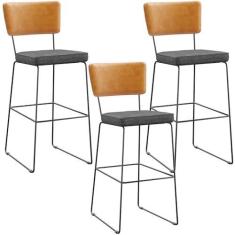 Imagem de Kit 03 Banquetas Altas Sala Jantar Fixa Allana L02 Couríssimo Whisky Linho Cinza Escuro - Lyam Decor