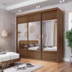 Imagem de Guarda-roupa Casal 3 Portas de Correr Ripadas com Espelho Samambaia Cabecasa Madeiramadeira Freijó