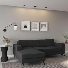 Imagem de Sofá 3 Lugares Esquerdo Xangai Com Chaise Esquerdo Pé Palito Linho Cotton Grafite Escuro