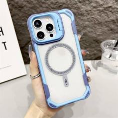 Imagem de Suporte de câmera capa transparente acrílica magnética para iPhone 15 13 Pro Max 14 Plus capa de telefone transparente em cor contrastante, azul, para iPhone 14 ProMax