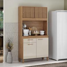 Imagem de Cozinha Compacta Ceara 4 Portas 1 Gaveta Ripado 3d Canelato/Natural/Off White - Atualle Móveis