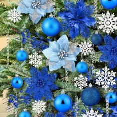 Imagem de LHMTQVK 92 peças de decorações de Natal, enfeites de árvore de Natal, bolas de Natal, decoração de floco de neve, cristal acrílico transparente pendurado, flores de Natal artificiais, hastes de baga