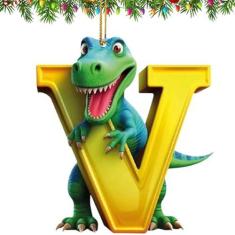 Imagem de Enfeites de dinossauro de Natal, pingente de desenho animado de 26 letras, árvore, ornamentos de carro, letra pingente interior, lindo Natal interno, presente para pendurar figuras de dinossauro,