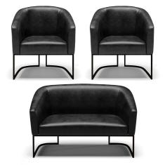 Imagem de Sofá Namoradeira E 2 Poltronas Base Industrial Preto Stella Corano D03 - D'rossi Cor Preto