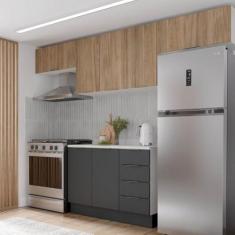 Imagem de Cozinha Modulada 4 Peças com Tampo e Rodapé 3 Aéreos e 1 Balcão Ipanema Cabecasa Madeiramadeira Grafite Trama/acácia