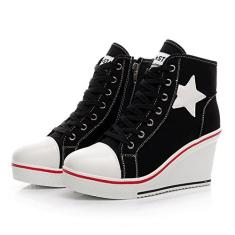 Imagem de Mei MACLEOD Tênis de salto alto feminino casual com cadarço de lona para mulheres, plataforma, plataforma, botas de tornozelo, Preto, 35