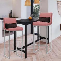 Imagem de Kit 02 Banqueta Alta com Encosto Lucca Industrial Cozinha Balcão Ferro Prata Suede Rose Gold e Almofada Marrom - Ahazzo Móveis