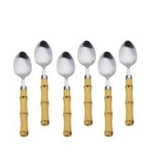 Imagem de Jogo 6 Colheres de Mesa com cabo Plástico Bambu Natural Talheres Aço Inox - 7383