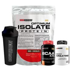 Imagem de Kit Optimum Isolate Whey Protein 900g + BCAA 100g + Power Creatina 100g + Coqueteleira - Bodybuilders Sabor Chocolate