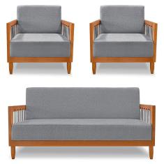 Imagem de Kit 2 Poltronas e Sofá Living 2 Lugares Marilia 1,60m Linho Grafite Base em Madeira Castanho - Pallazio