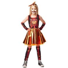 Imagem de Fantasia Halloween Infantil pra Menina Vestido Abobora Com Polaina e L