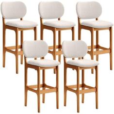 Imagem de Kit 5 Banquetas Alta Bar Cozinha Sala Jantar Fixa Betta L02 Imbuia Linho Cru - Lyam Decor