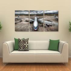 Imagem de Quadro Decorativo Avião Aeroporto Paisagem Em Tecido 3 Peças