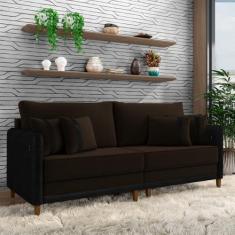 Imagem de Sofá Living Montecarlo 3 Lugares Bipartido 232cm Pés em Madeira Veludo/PU Marrom/Preto G33 - Gran Belo