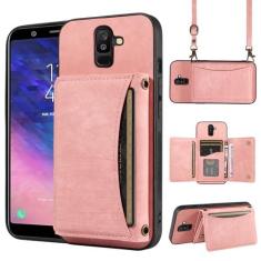 Imagem de Capa de telefone para Samsung Galaxy A6 Plus/J8 2018 capa carteira com alça de ombro transversal e porta-cartão de crédito de couro bolso fino suporte acessórios para celular A6+ A6Plus 6A + mulheres