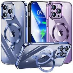 Imagem de [Anel de CD compatível com suporte invisível MagSafe] Capa magnética para iPhone 13 Pro Max, [para-choque galvanizado não amarelo][parece um iPhone nu] Capa fina transparente com suporte para mulheres, homens e meninas