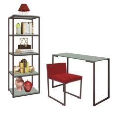 Imagem de Kit Escritório Ravi 1 Cadeira Suede Vermelho com 1 Mesa e 1 Livreiro Ferro Marrom MDF Verde Oliva - Ahazzo Móveis