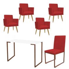 Imagem de Kit Escritório Stan 4 Poltronas Rodapé com Cadeira e Mesa Industrial Branco Bronze Tecido Sintético Vermelho - Ahz Móveis