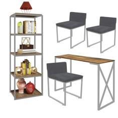 Imagem de Kit Escritório Bex 3 Cadeiras Suede Cinza com 1 Mesa e 1 Livreiro Ferro Cinza MDF Caramelo - Ahazzo Móveis