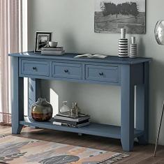 Imagem de Mesa de console longa moderna estreita de 139 cm com 3 gavetas e 1 prateleira, mesa lateral de sofá com prateleira de armazenamento aberta central, armário de armazenamento para cozinha, escritório,