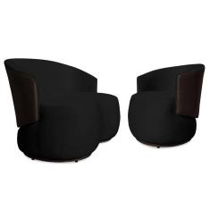 Imagem de Conjunto Sofá Namoradeira com Poltrona Lara Veludo Preto/PU Marrom - Montanaris Decor