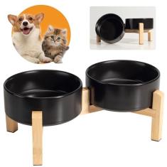 Imagem de Conjunto de tigelas elevadas de cerâmica para cães – Tigelas elevadas para cães com suporte de bambu antiderrapante – Conjunto de tigela para comida e água – Tigelas duplas para alimentação de cães –