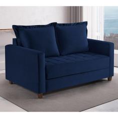 Imagem de Sofa Cama Frisa Colchao Casal Pes De Madeira Talento Móveis Azul Com Castanho