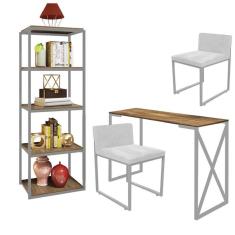 Imagem de Kit Escritório Bex 2 Cadeiras Corino Branco com 1 Mesa e 1 Livreiro Ferro Cinza MDF Carvalho - Ahazzo Móveis
