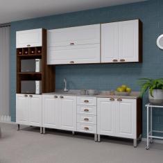 Imagem de Armário De Cozinha Completa 6 Peças Com Tampo E Espaço Para Micro-ondas Safira Luciane Móveis Nogueira Dourado c/ Branco Pet E Connect