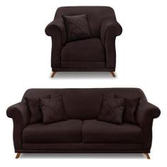 Imagem de Kit Poltrona e Sofá Living 2 Lugares 1,60m Vênus Suede Marrom Café Pés