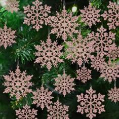 Imagem de 36 peças de enfeites de flocos de neve de ouro rosa de Natal com glitter de plástico para decorações de árvore de Natal de inverno, tamanho variável de flocos de neve artesanais