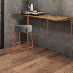 Imagem de Kit Mesa Suspensa de Parede Fixa MDF Castanho + 1 Banqueta Sintra Ferro Rose Gold Corino Cinza - Ahazzo Móveis