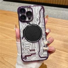 Imagem de Capa magnética ultrafina com padrão de circuito sem moldura para iPhone 11 12 13 14 Pro Max 14Plus Capa transparente revestida de luxo, roxa, para iPhone 14 Pro